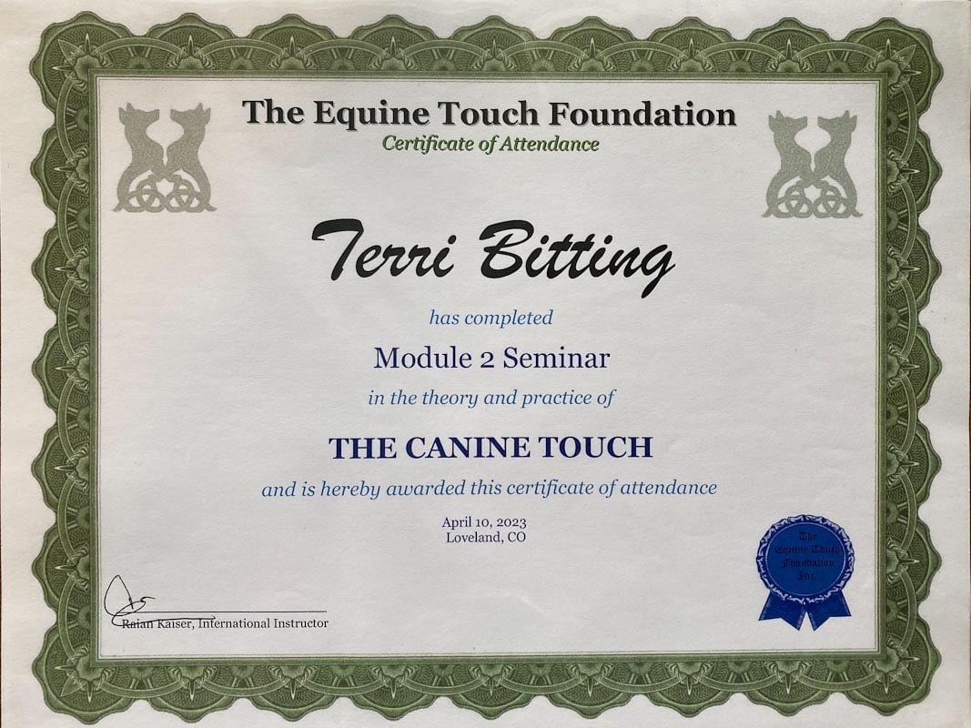 Module 2 Certificate to Terri Bitting for The Canine Touch Seminar